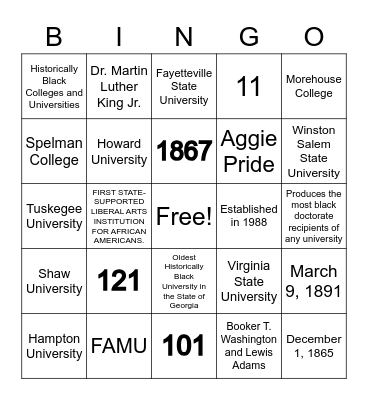 HBCU BINGO Card