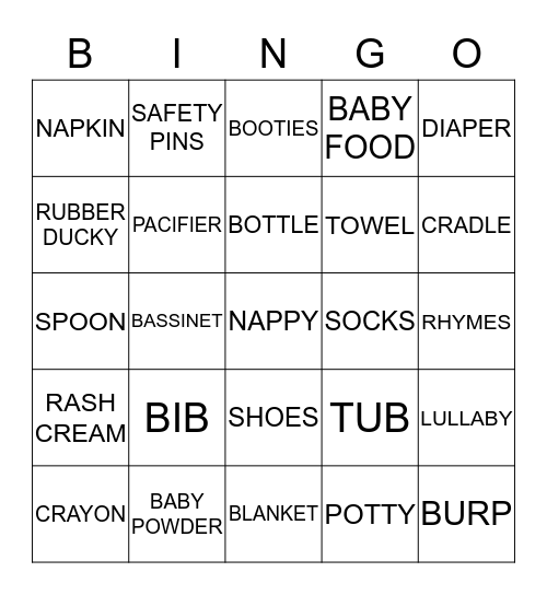 Hima's Baby Shower Bingo Card
