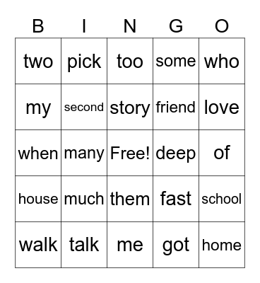 SIGHT WORD BINGO Card