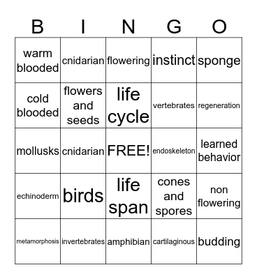 Plant and Animal Kingdom Bingo Card