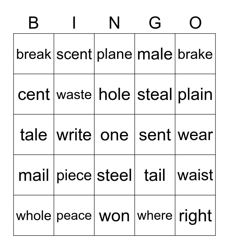 Homophones 2 Bingo Card