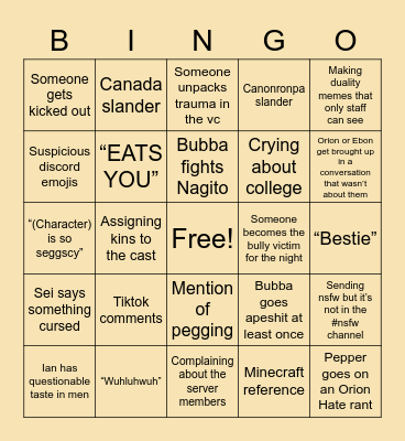 DR Duality Discord Bingo Card