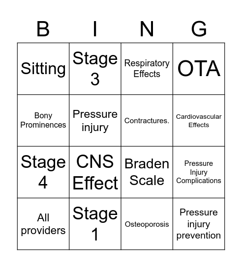 Immobility Bingo Card