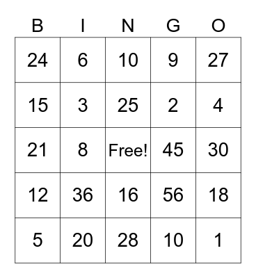 Multiplication Bingo Card