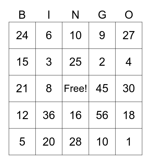 Multiplication Bingo Card