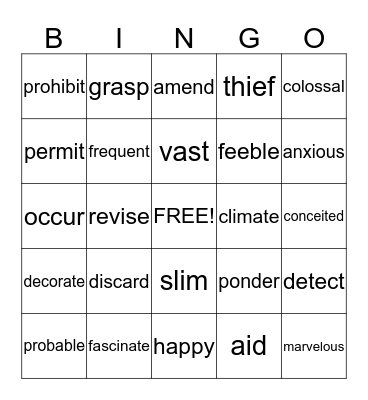 Vocabulary Bingo Card