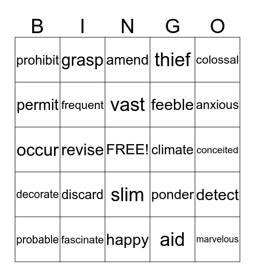 Vocabulary Bingo Card