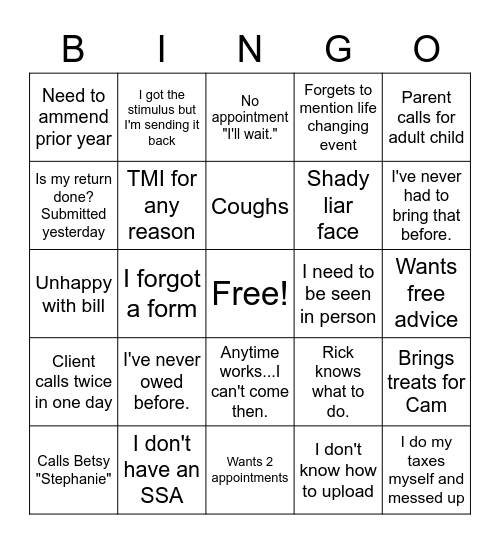 Sparrow Tax Bingo Card