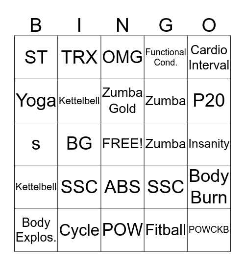 Group Exercise Bingo Card