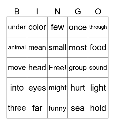 Sight Word Bingo Card