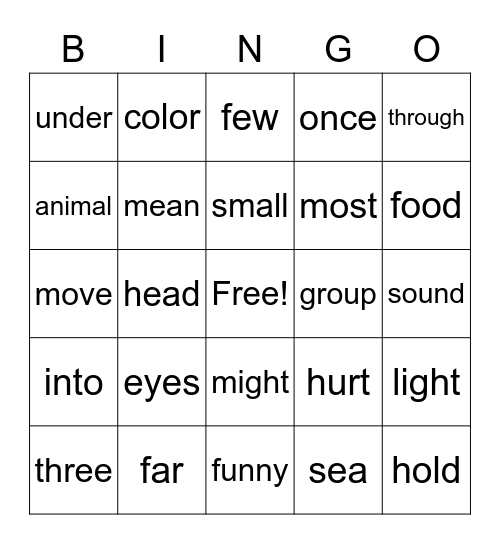 Sight Word Bingo Card