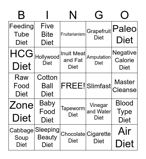 Fad Diet Bingo Card