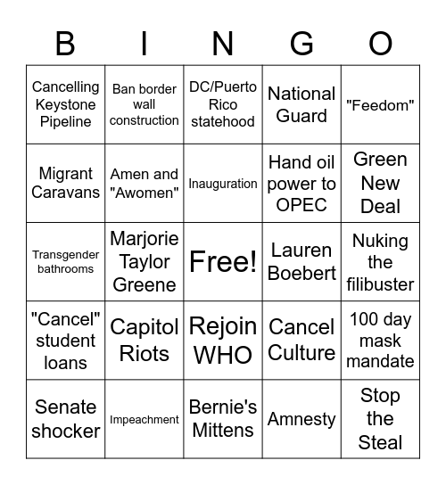 January 2021 Bingo Card