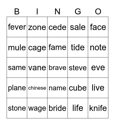 Long Vowel Sounds Bingo Card