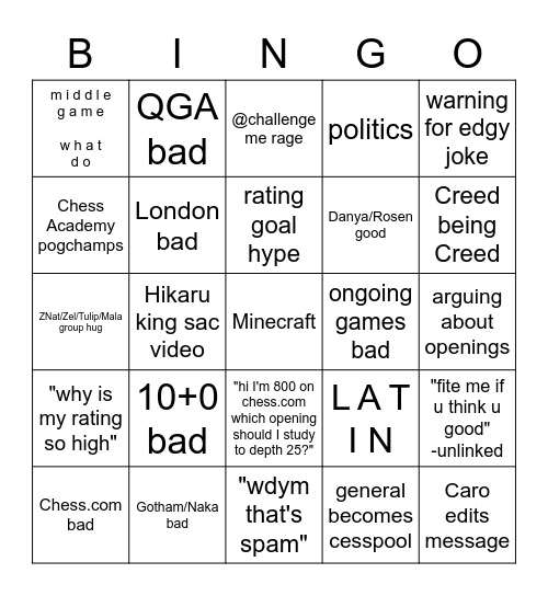 Chess Academy Bingo Card