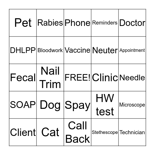 Knightsville Veterinary Clinic Bingo Card