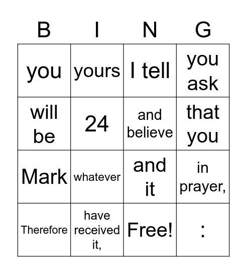 Mark 11:24 Bingo Card