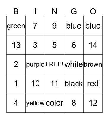 ASL Numbers and Colors Bingo Card