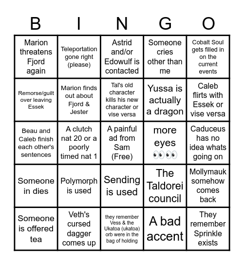 Critical Role Campaign 2 Episode 125 Bingo Card