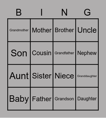 Family Members Bingo Card