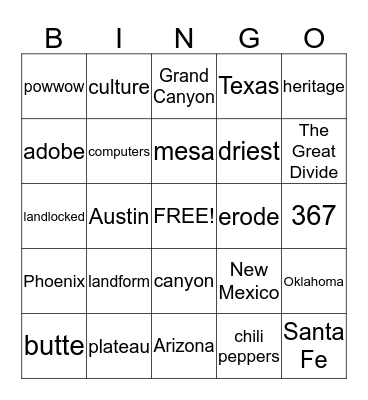 Southwestern Bingo Card