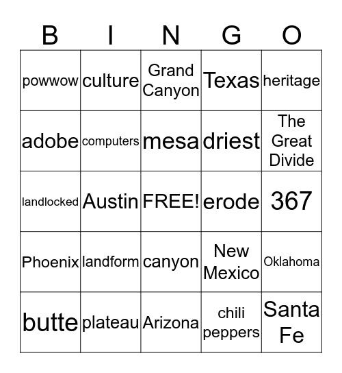 Southwestern Bingo Card