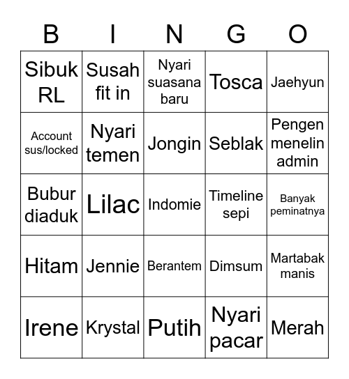 S Bingo Card