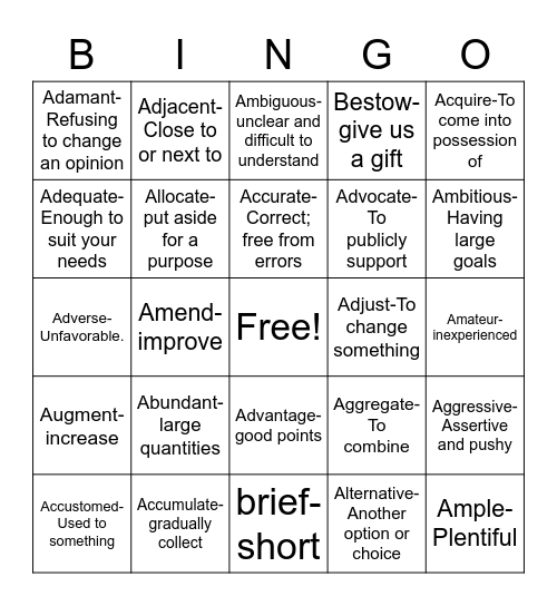 TOEFL Bingo Card