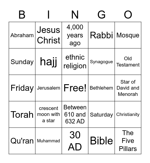 World Religion Bingo Card