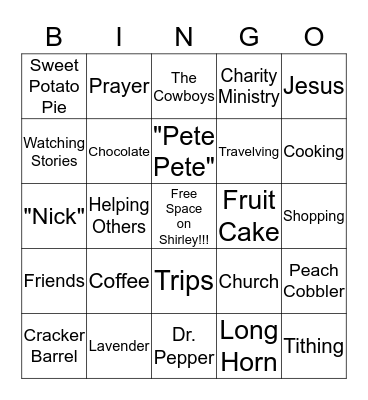 BINGO of Shirley's Favorite Things Bingo Card