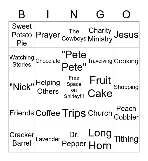 BINGO of Shirley's Favorite Things Bingo Card