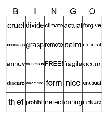 Vocabulary Bingo Card