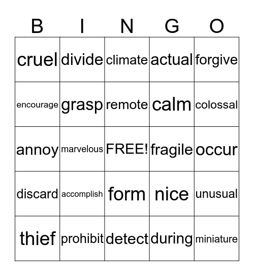 Vocabulary Bingo Card