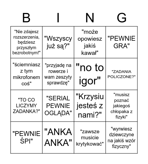 Grabiec Bingo Card