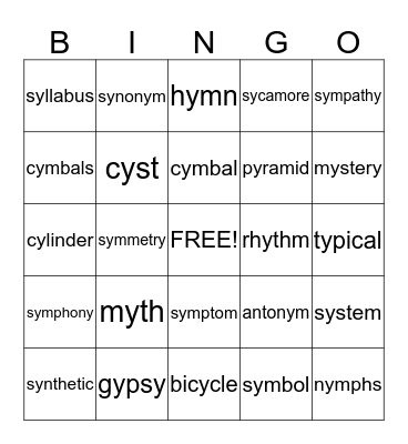 y says short i Bingo Card