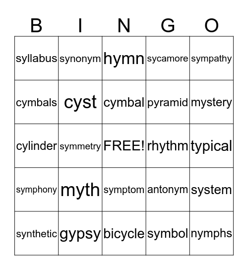 y says short i Bingo Card