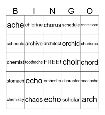 ch = k Bingo Card