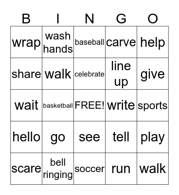 Activities Bingo Card