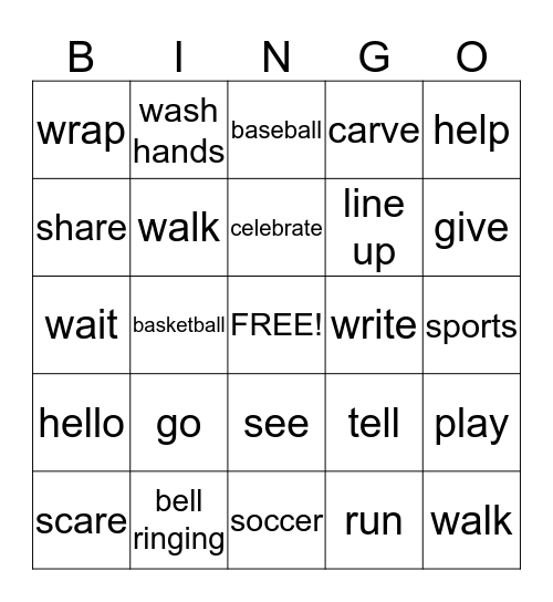 Activities Bingo Card