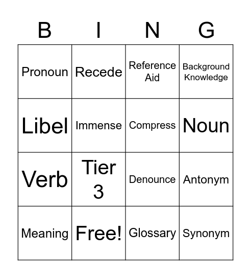 Vocabulary Buzz Word Bingo Card