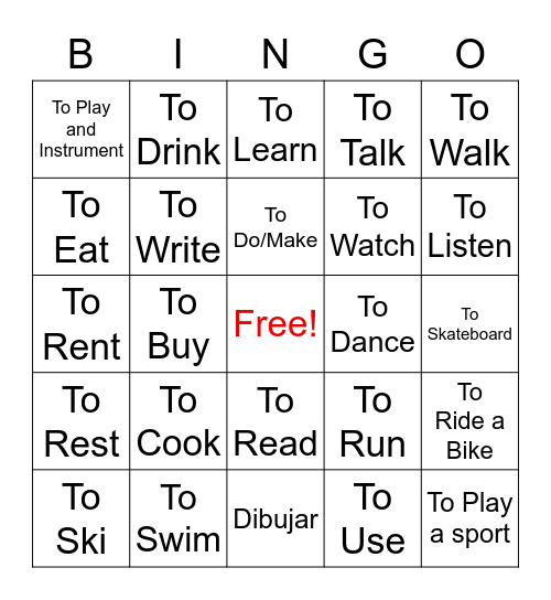 Verbs Bingo Card