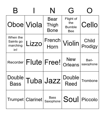 Woodwind Instruments (Review Strings and Brass) Bingo Card
