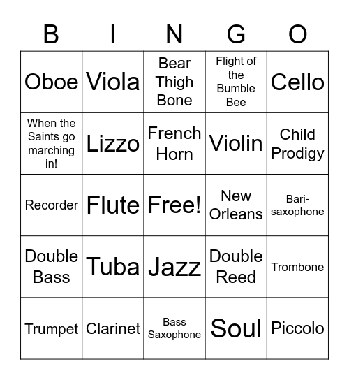 Woodwind Instruments (Review Strings and Brass) Bingo Card