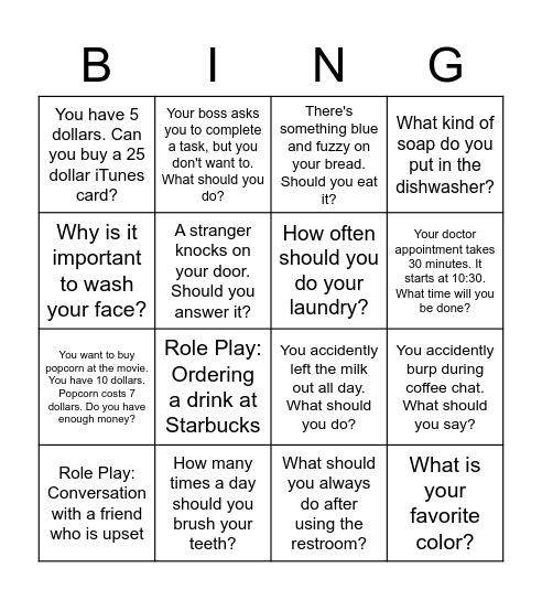 Independent Living Skills 2 Bingo Card