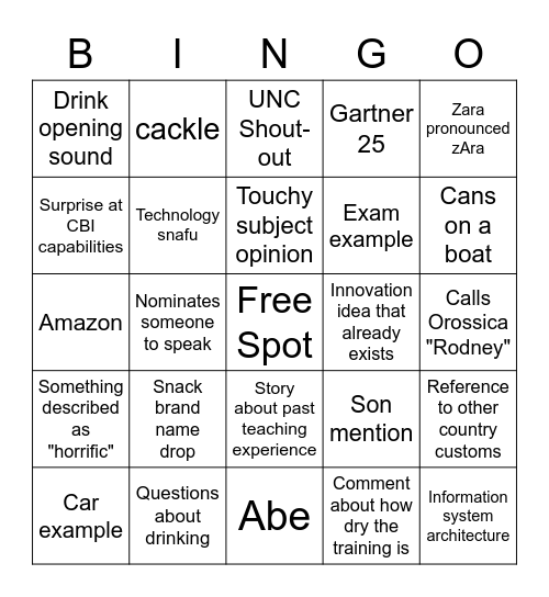 Training Bingo Card