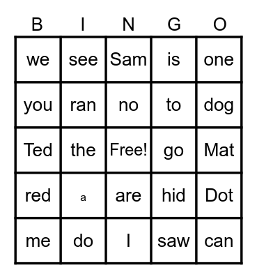 Sight Words Bingo Card