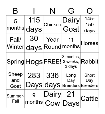Animal Gestation Bingo Card