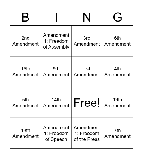 Civics: Amendments Bingo Card
