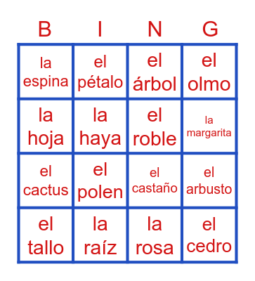 Nature Vocab Bingo Card