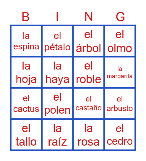 Nature Vocab Bingo Card